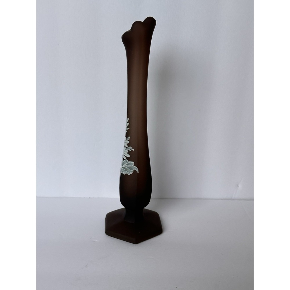 Vintage Westmoreland Brown Satin Glass Hand Painted Floral Bud Vase 10" Tall